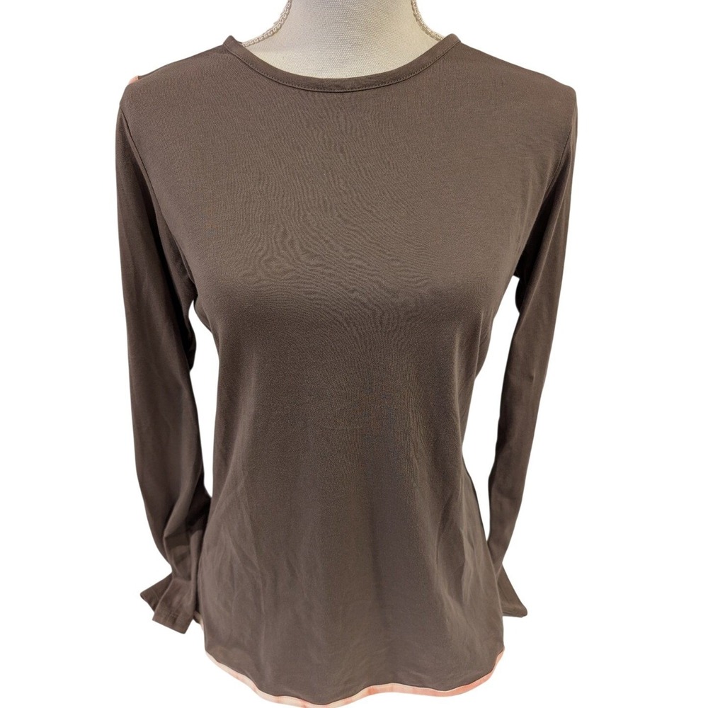 Leena & Lu Organic Cotton Long Sleeve XS Split Back Top Brown Peach Trim Peru